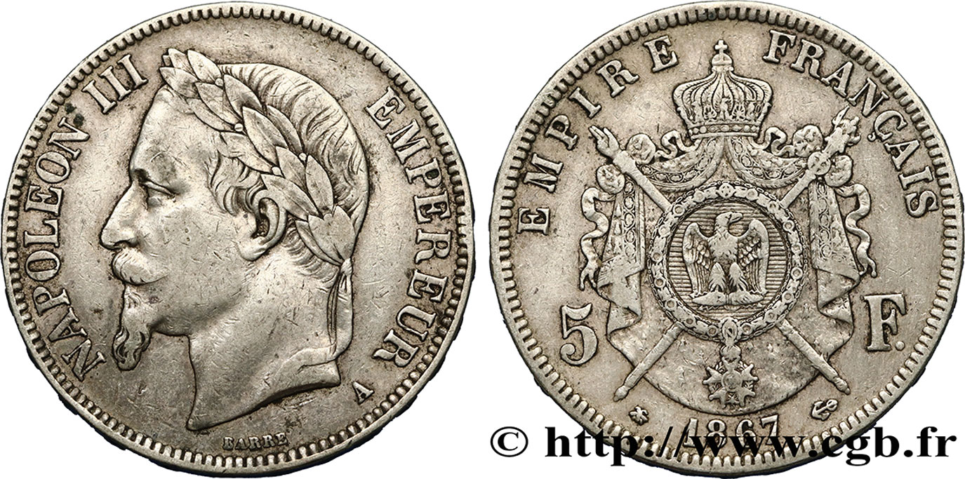 5 francs Napoléon III, tête laurée 1867 Paris F.331/10 q.BB 