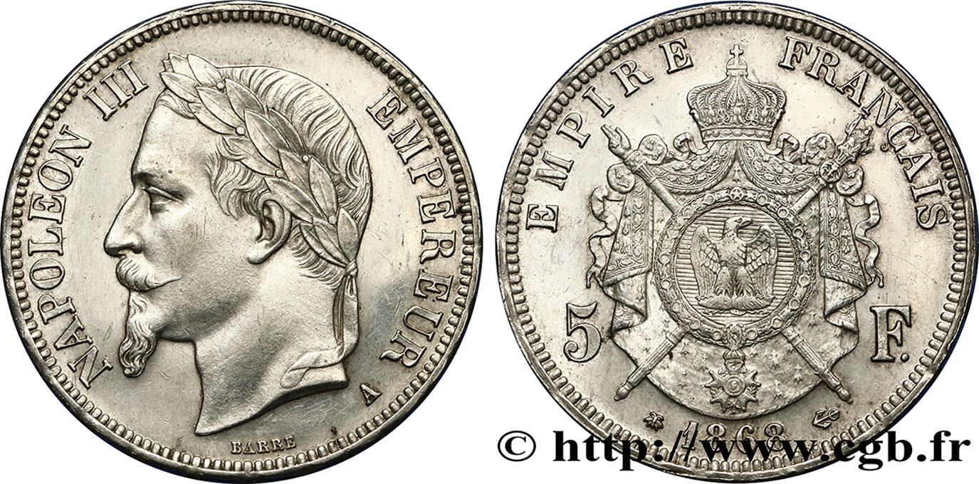 5 francs Napoléon III, tête laurée 1868 Paris F.331/12 SUP55 
