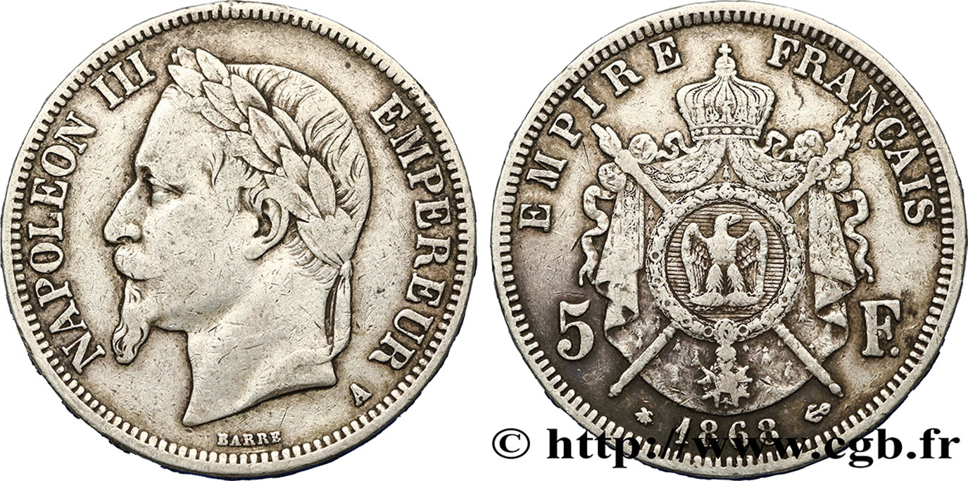 5 francs Napoléon III, tête laurée 1868 Paris F.331/12 TB 