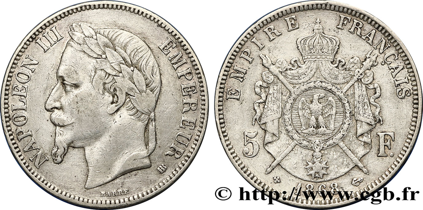 5 francs Napoléon III, tête laurée 1868 Strasbourg F.331/13 TB+ 