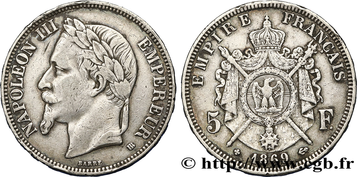 5 francs Napoléon III, tête laurée 1869 Strasbourg F.331/15 VF 