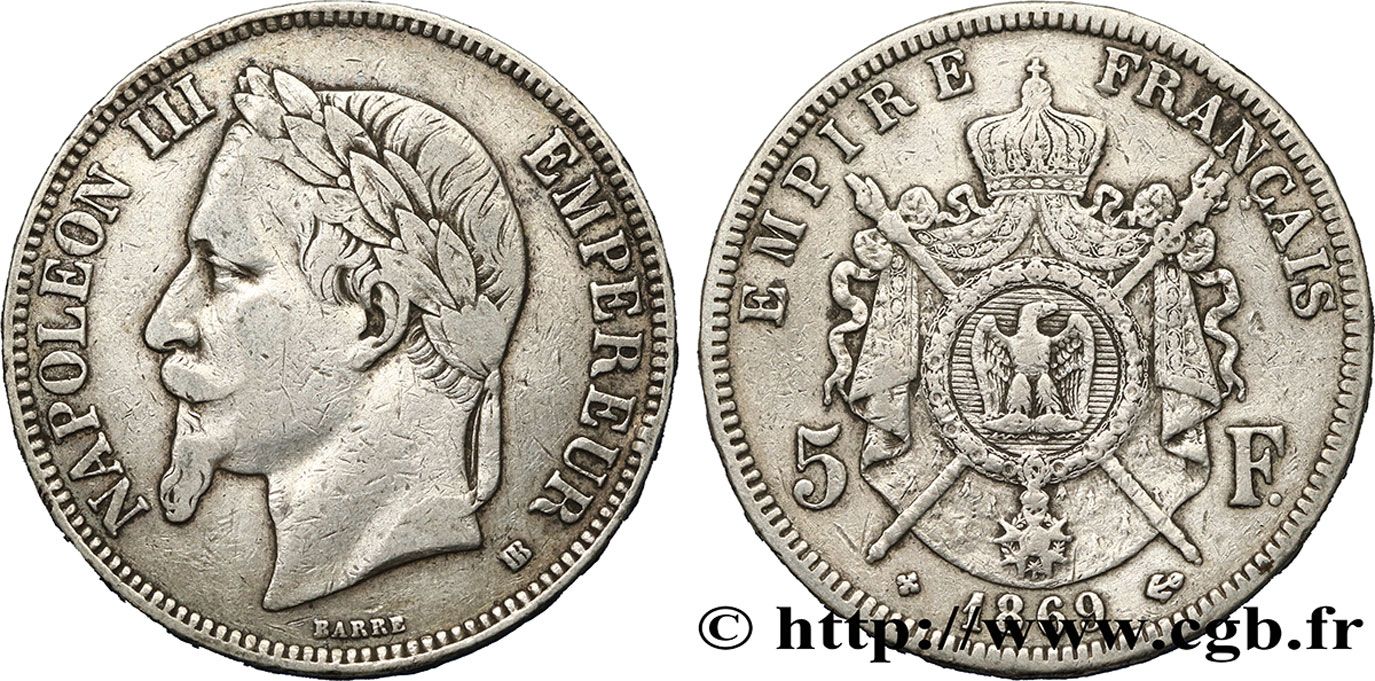 5 francs Napoléon III, tête laurée 1869 Strasbourg F.331/15 TB 