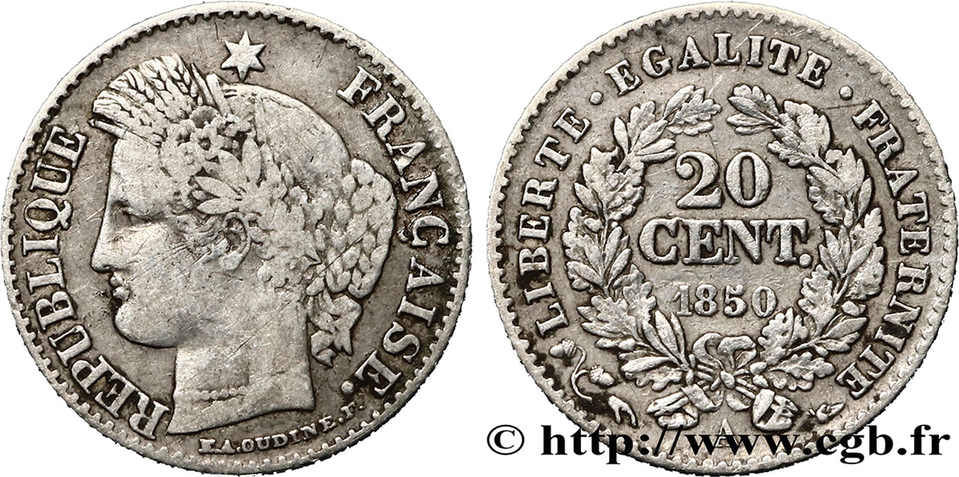 20 centimes Cérès, IIe République 1850 Paris F.146/2 MB20 
