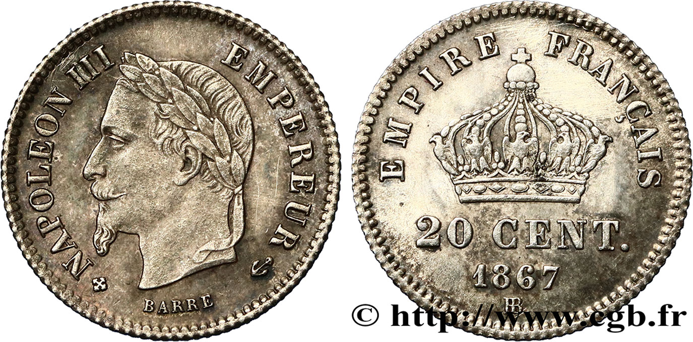20 centimes Napoléon III, tête laurée, grand module 1867 Strasbourg F.150/2 q.SPL 