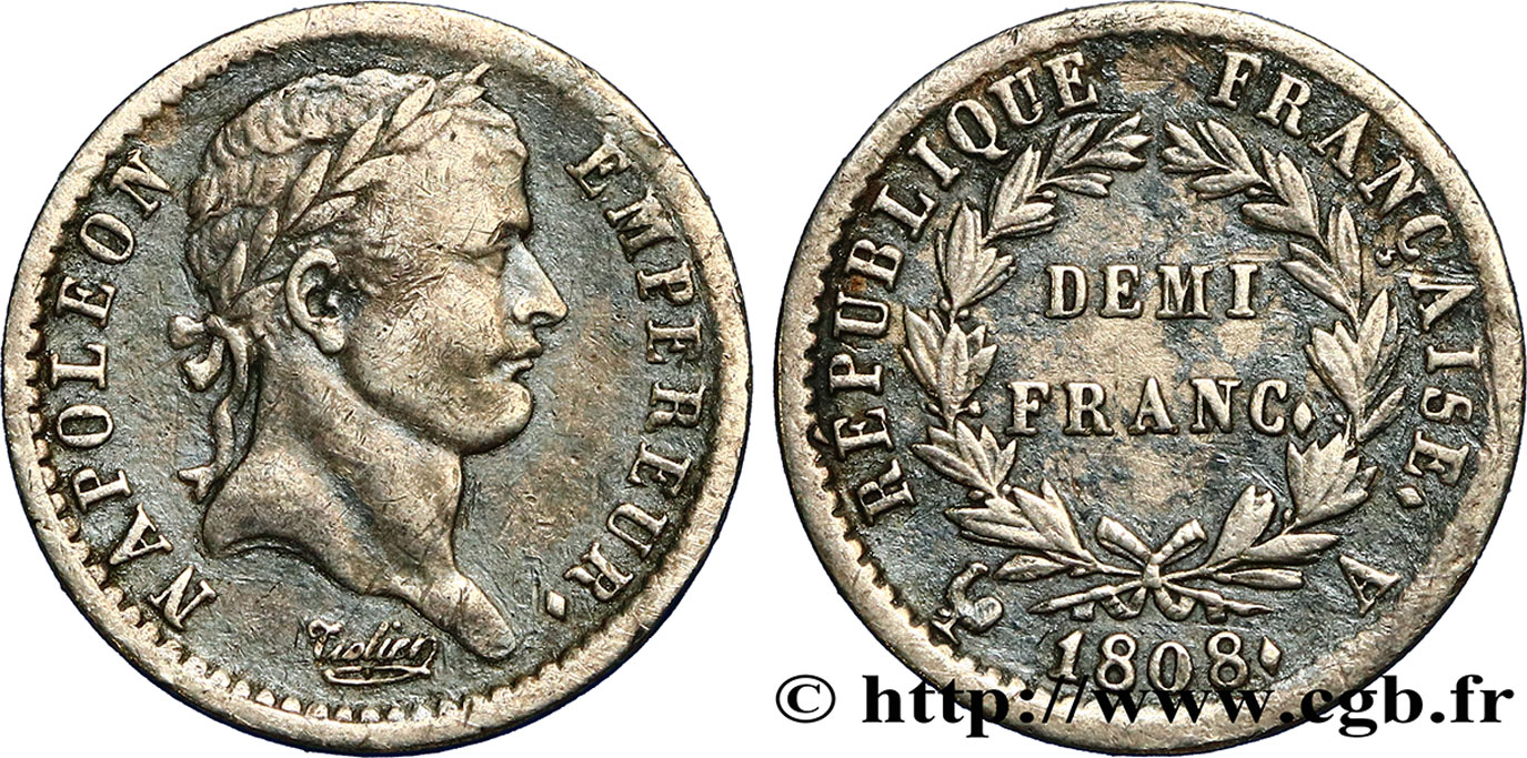Demi-franc Napoléon Ier tête laurée, République française 1808 Paris F.177/2 TTB45 