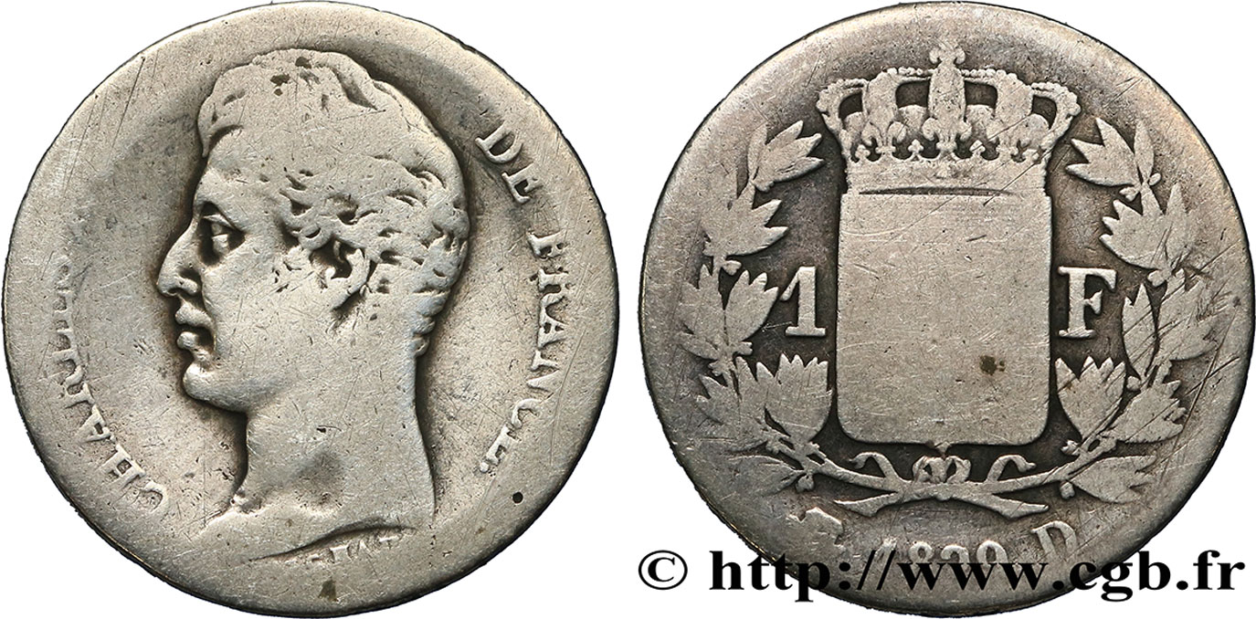 1 franc Charles X, matrice du revers à quatre feuilles 1829 Lyon F.207A/16 VG10 