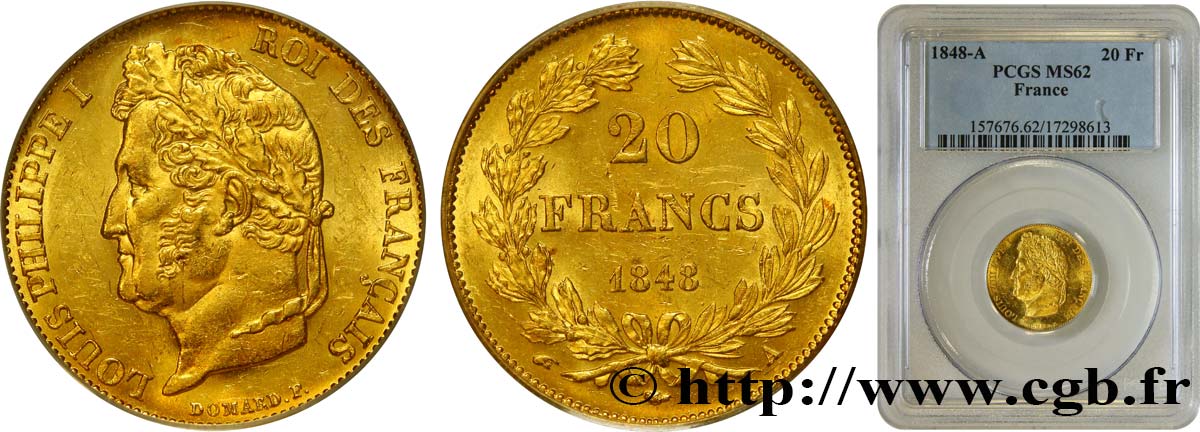 20 francs or Louis-Philippe, Domard 1848 Paris F.527/38 EBC62 PCGS