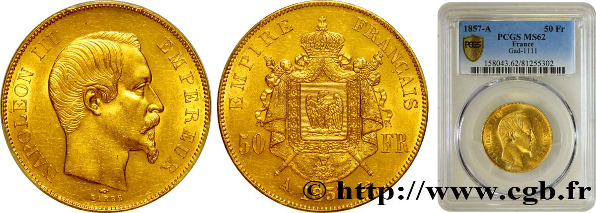 50 francs or Napoléon III, tête nue 1857 Paris F.547/4 EBC62 PCGS