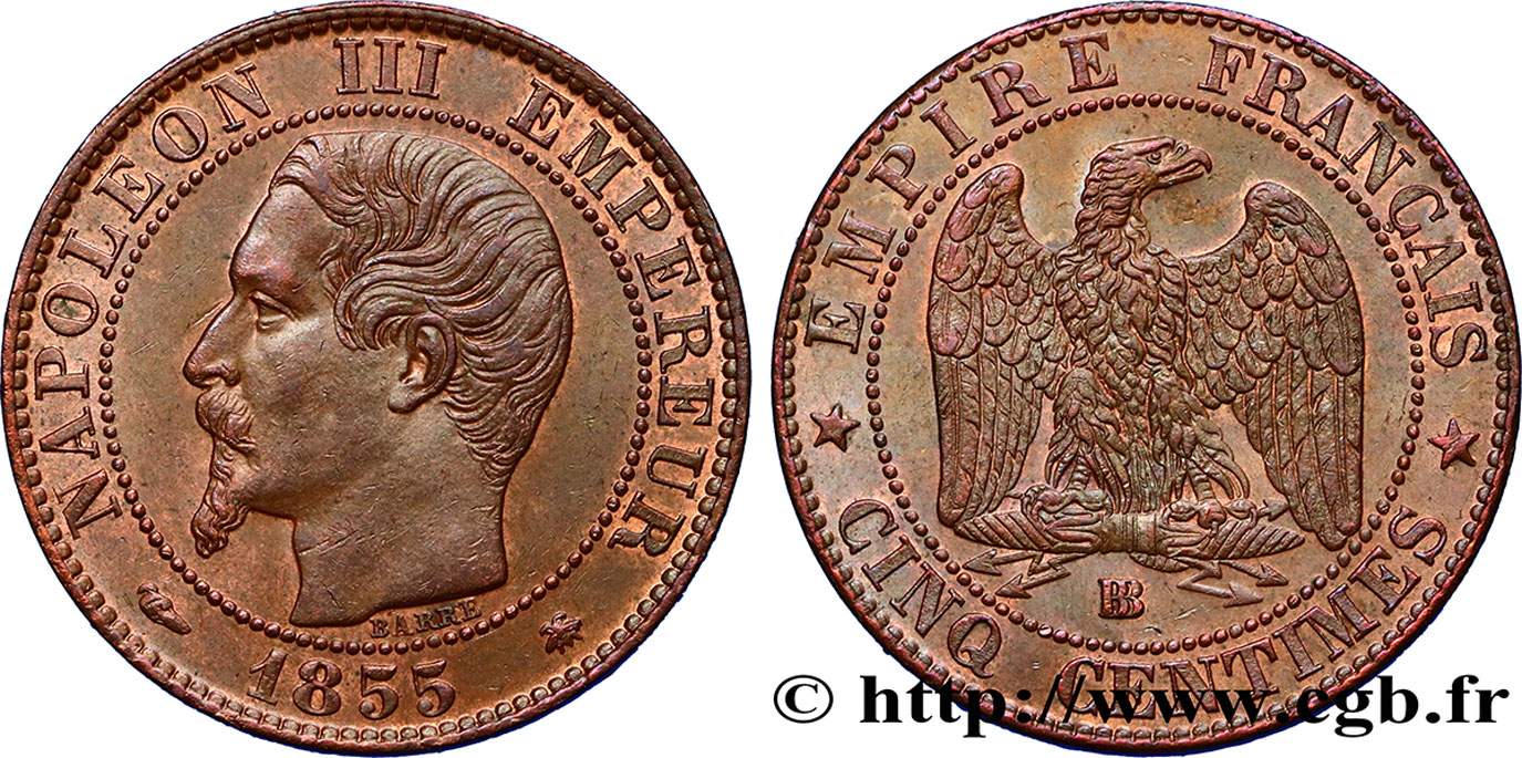 Cinq centimes Napoléon III, tête nue 1855 Strasbourg F.116/20 SUP62 