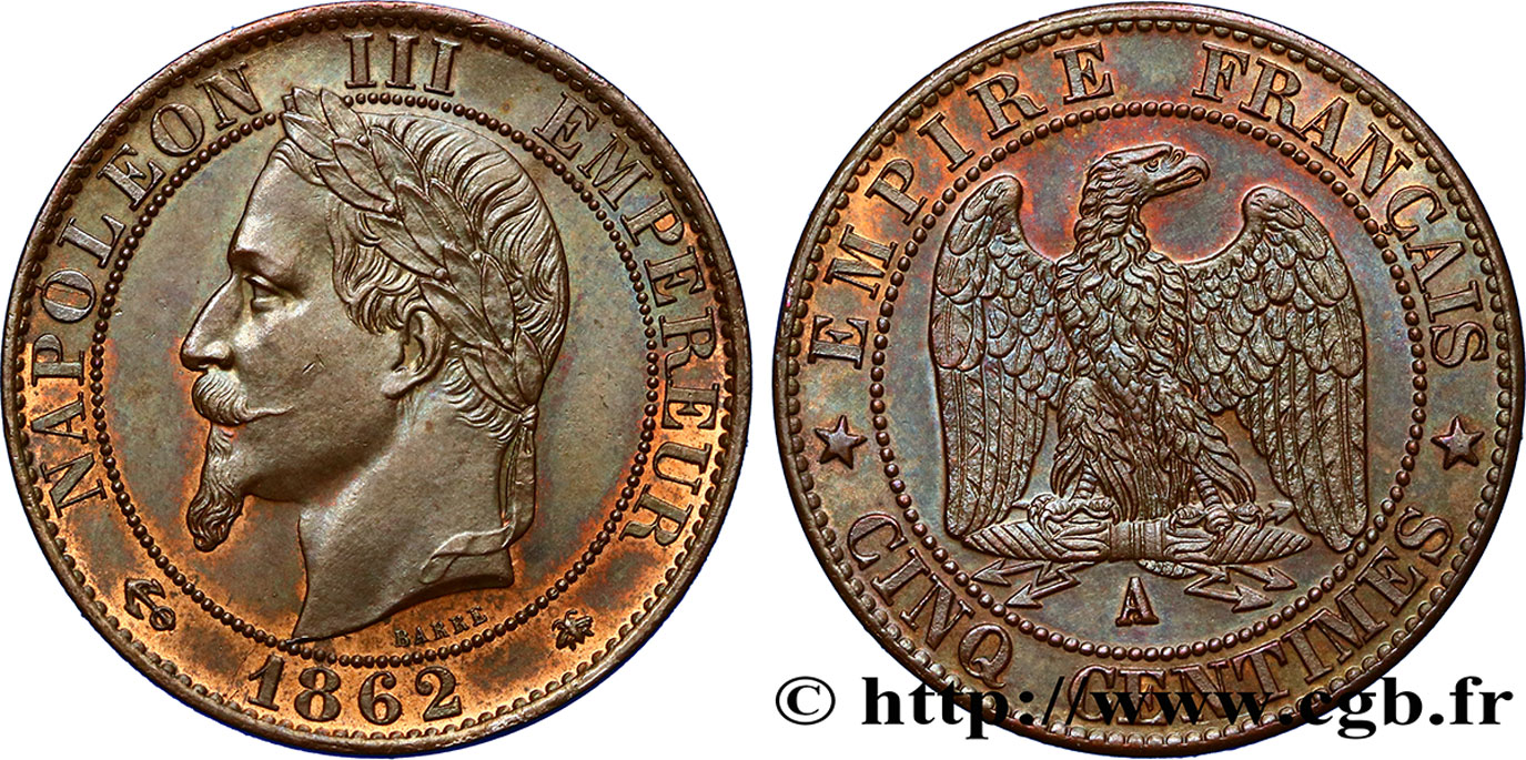 Cinq centimes Napoléon III, tête laurée 1862 Paris F.117/7 EBC62 