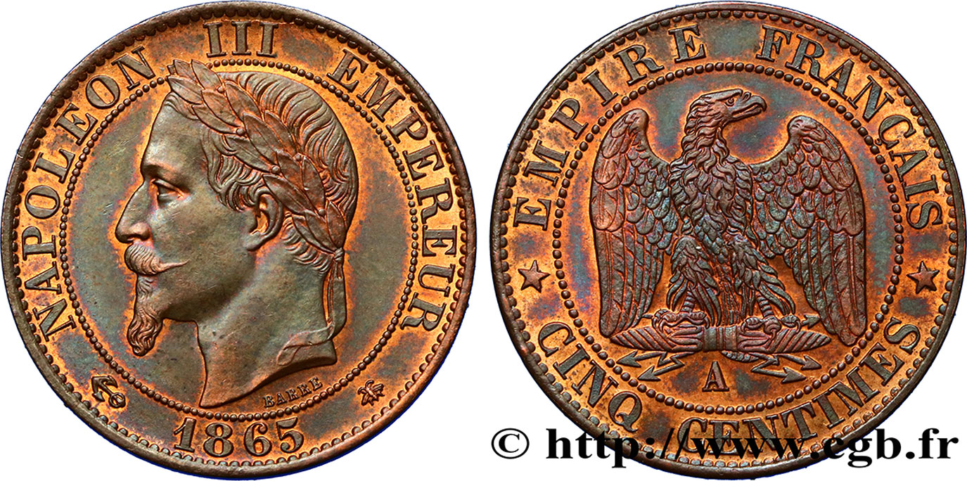 Cinq centimes Napoléon III, tête laurée 1865 Paris F.117/16 fST63 