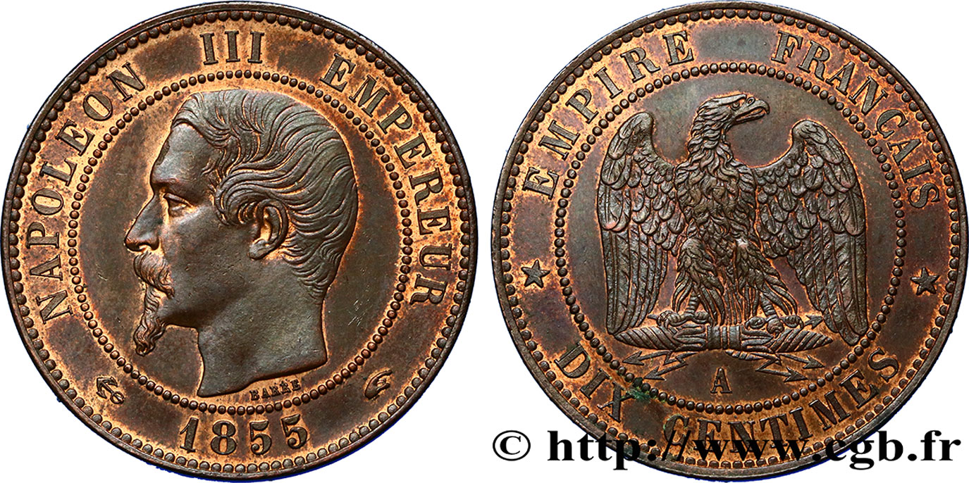 Dix centimes Napoléon III, tête nue 1855 Paris F.133/20 SPL64 