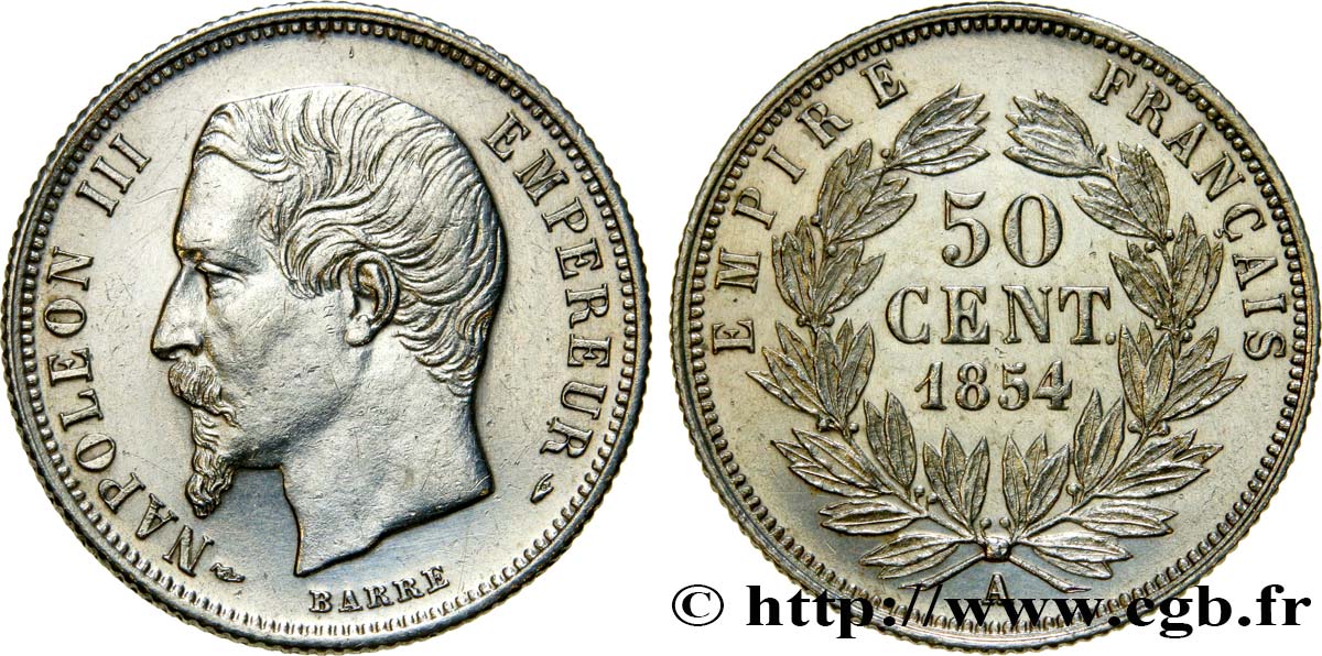50 centimes Napoléon III, tête nue 1854 Paris F.187/2 MS63 