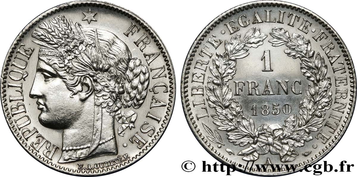 1 franc Cérès, IIe République 1850 Paris F.211/4 SPL63 