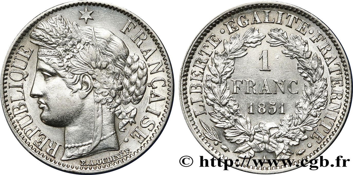 1 franc Cérès, IIe République 1851 Paris F.211/9 SPL58 
