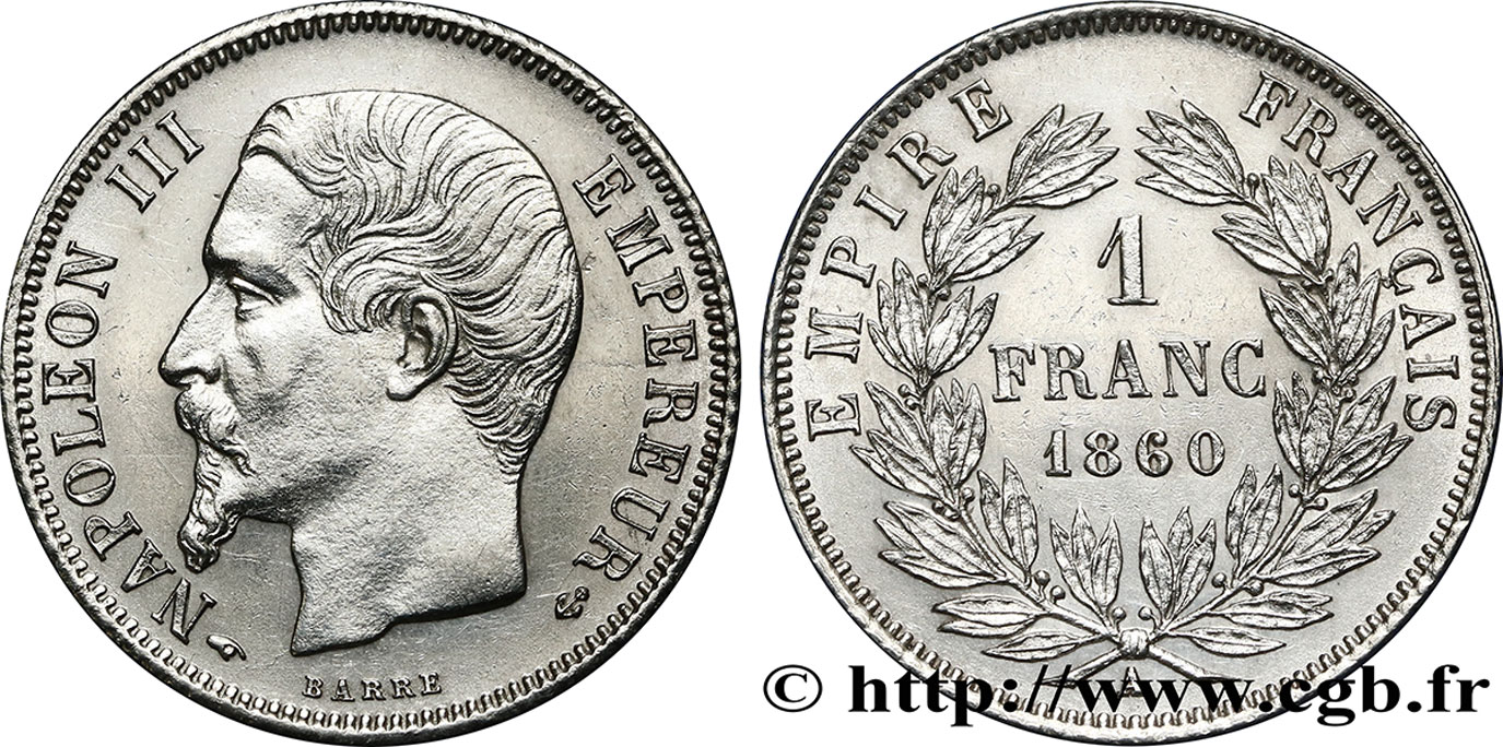 1 franc Napoléon III, tête nue 1860 Paris F.214/14 MS62 
