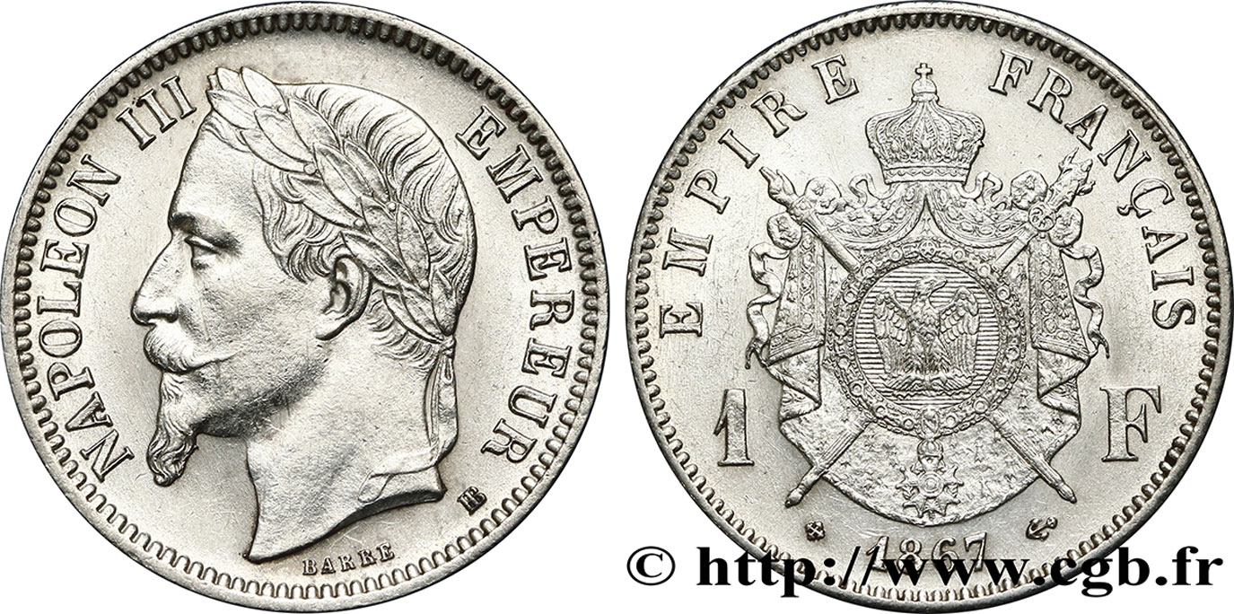1 franc Napoléon III, tête laurée 1867 Strasbourg F.215/7 MS63 