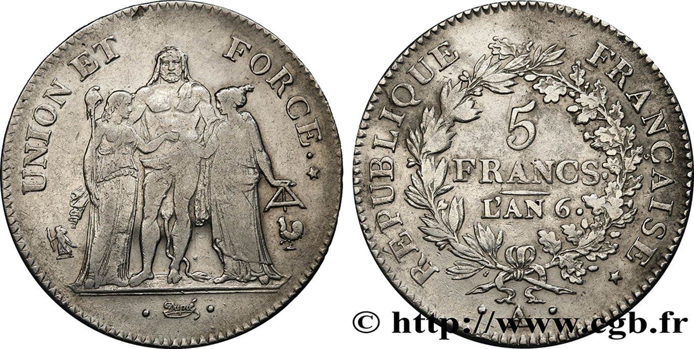 5 francs Union et Force, Union serré, avec glands intérieurs et gland extérieur 1798 Paris F.288/34 MB35 