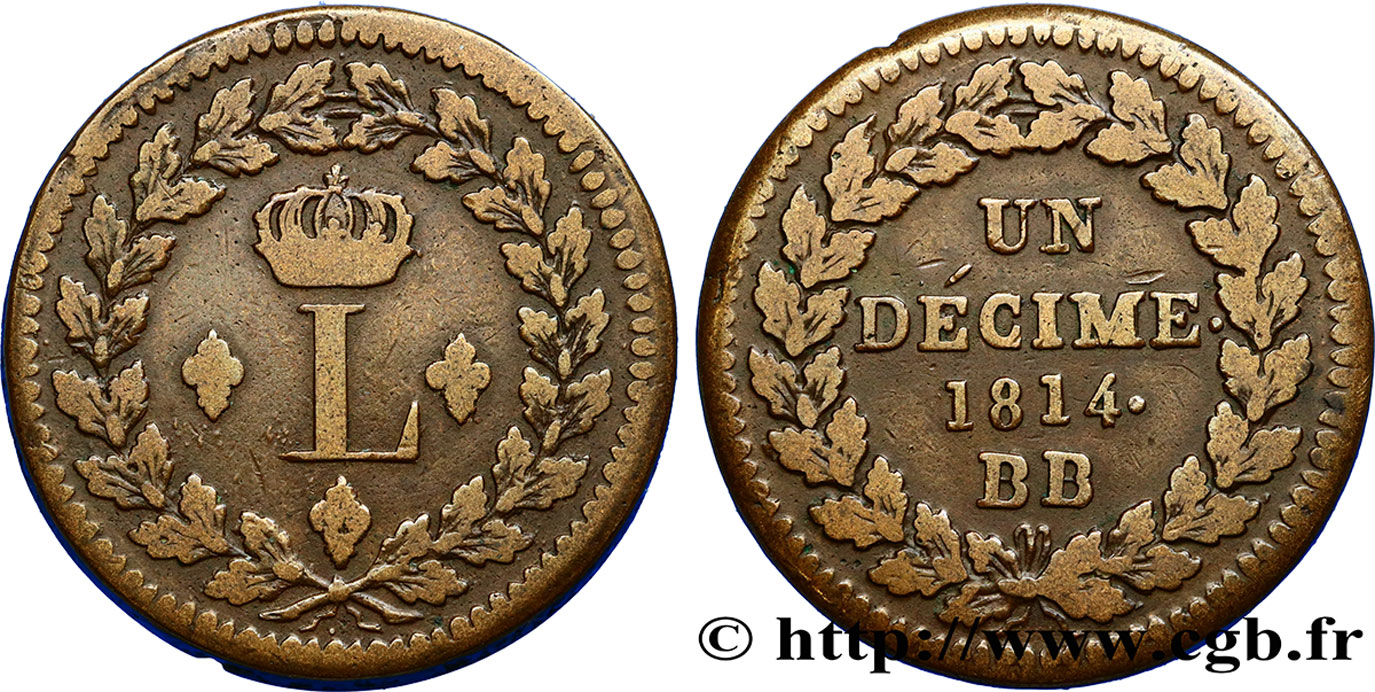 Un décime à l’L couronnée 1814 Strasbourg F.132/1 TB35 