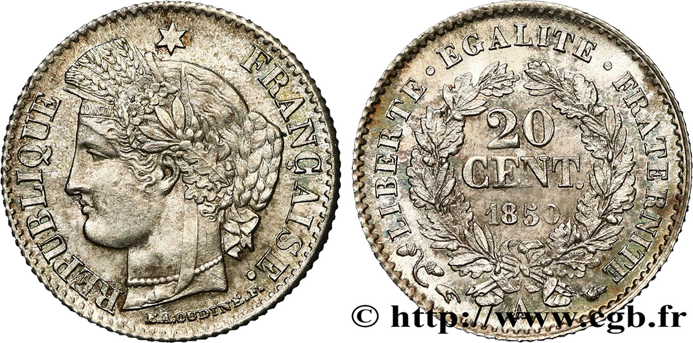 20 centimes Cérès, IIe République 1850 Paris F.146/2 EBC58 