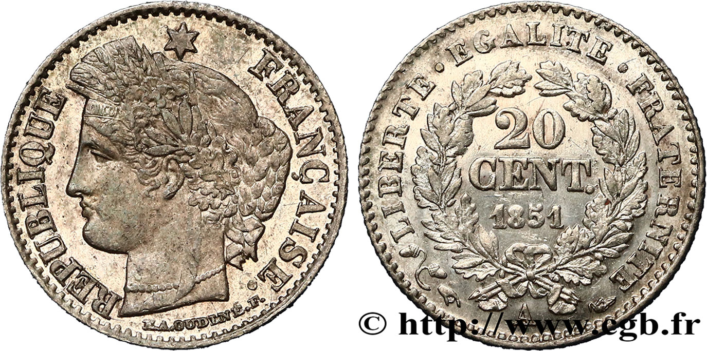 20 centimes Cérès, IIe République 1851 Paris F.146/7 SPL55 