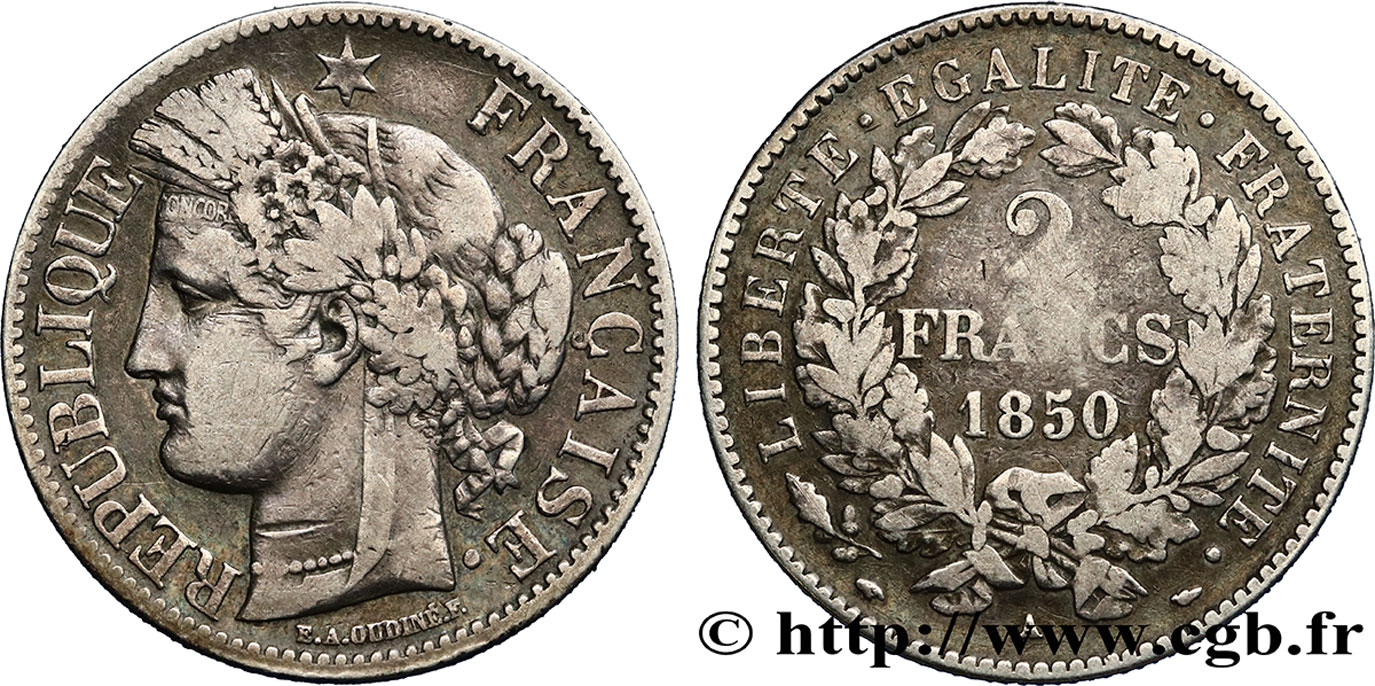 2 francs Cérès, IIe République 1850 Paris F.261/4 BC30 