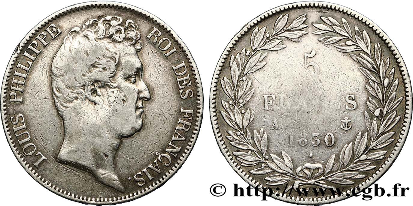 5 francs type Tiolier sans le I, tranche en creux 1830 Paris F.313/1 TB25 