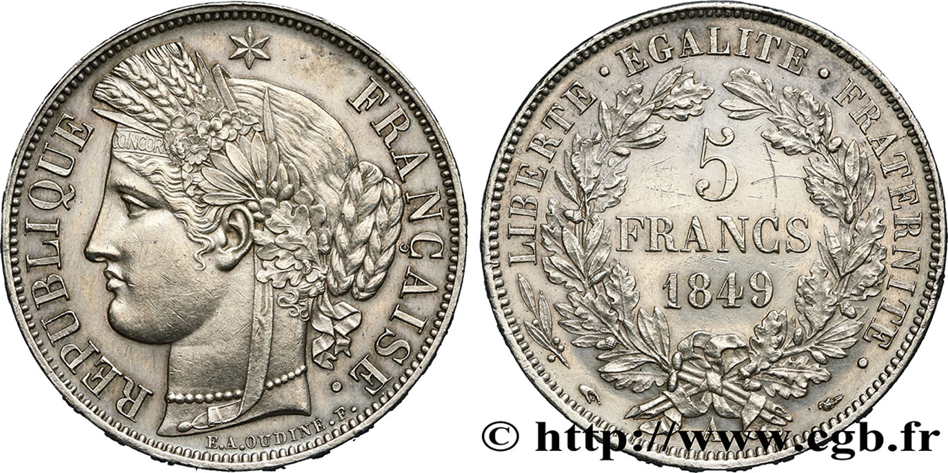 5 francs Cérès, IIe République 1849 Paris F.327/1 SPL60 