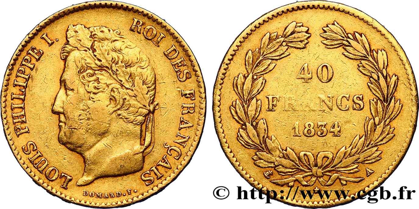 40 francs or Louis-Philippe 1834 Paris F.546/6 S38 