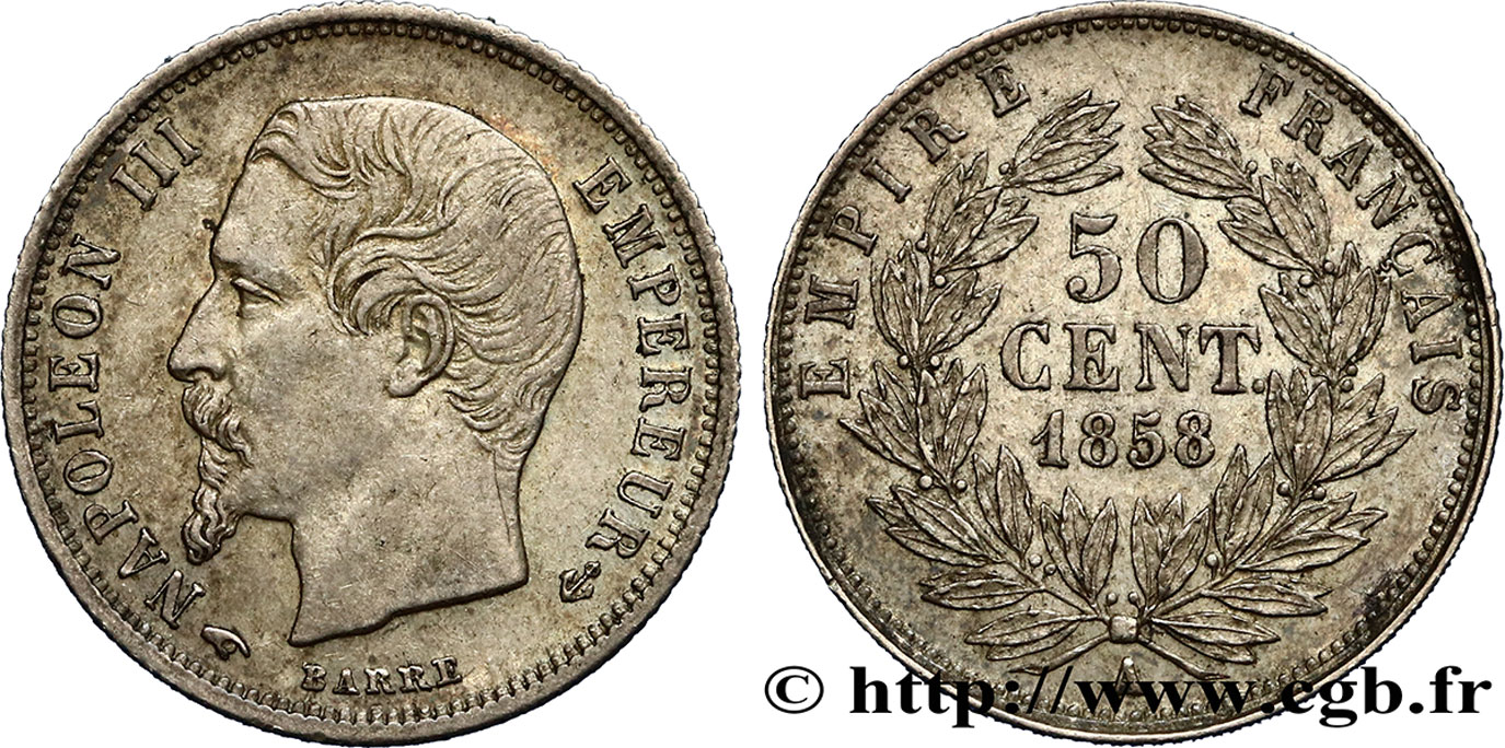 50 centimes Napoléon III, tête nue 1858 Paris F.187/9 AU52 