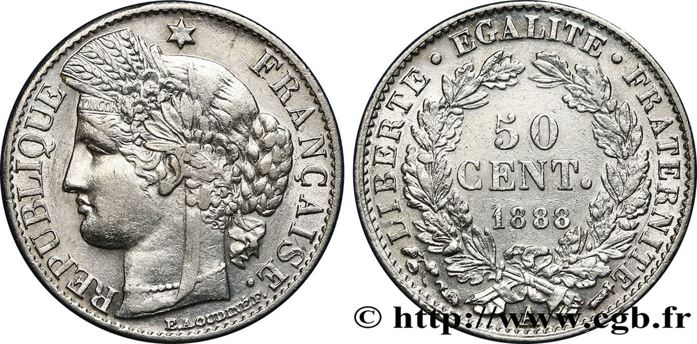 50 centimes Cérès, IIIe République 1888 Paris F.189/13 TTB52 