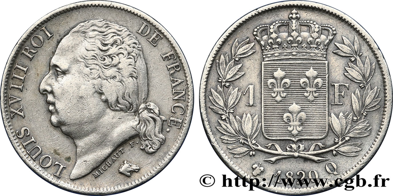 1 franc Louis XVIII 1820 Perpignan F.206/34 TTB42 