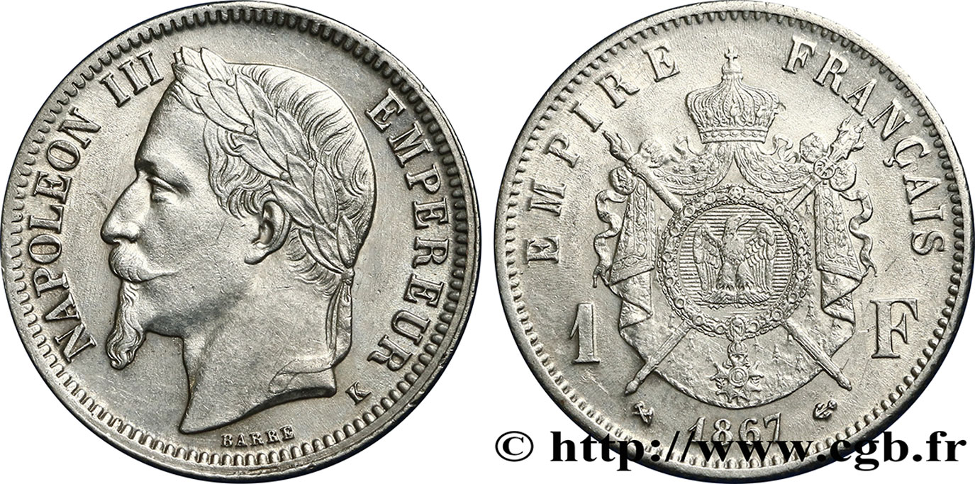 1 franc Napoléon III, tête laurée 1867 Bordeaux F.215/9 AU50 