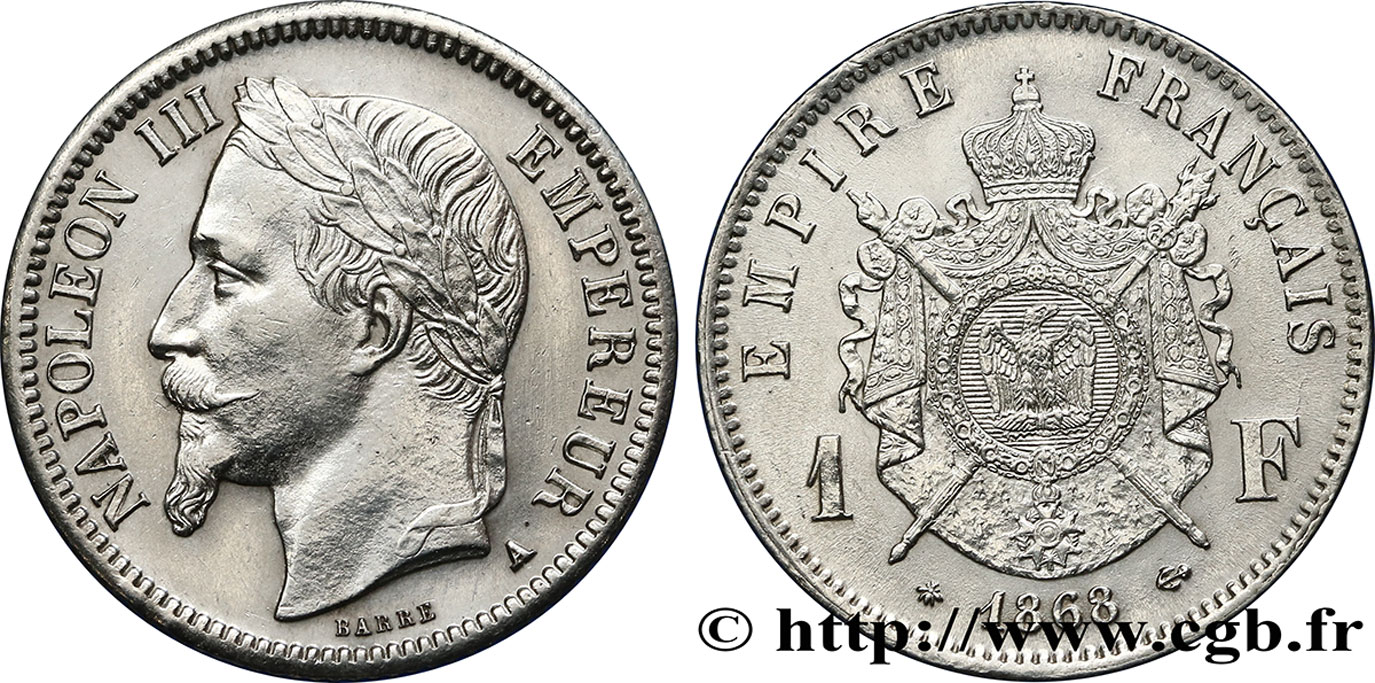 1 franc Napoléon III, tête laurée 1868 Paris F.215/10 SUP55 