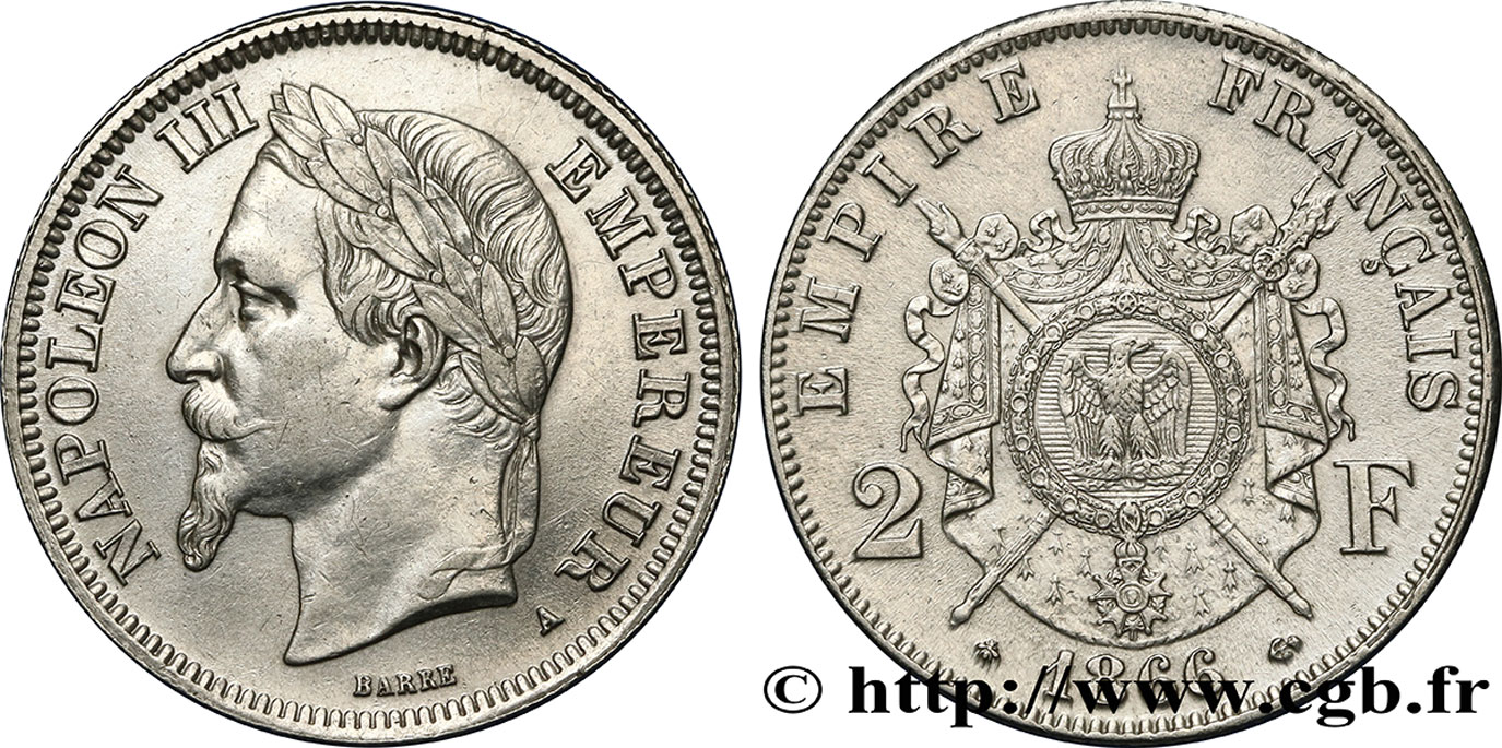 2 francs Napoléon III, tête laurée 1866 Paris F.263/2 BB52 