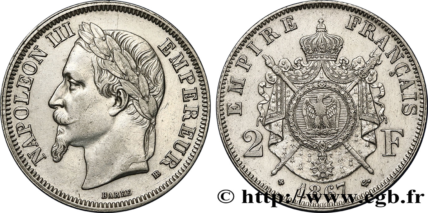 2 francs Napoléon III, tête laurée  1867 Strasbourg F.263/6 TTB48 