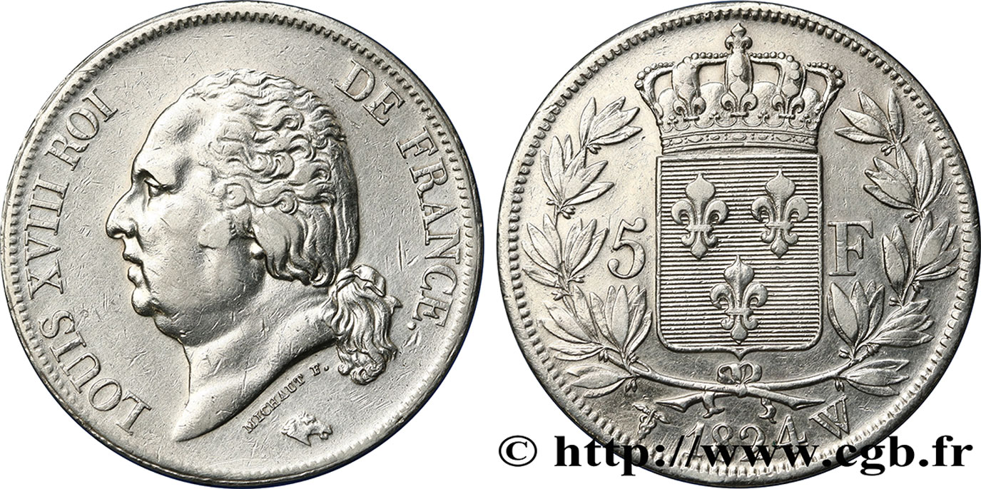 5 francs Louis XVIII, tête nue 1824 Lille F.309/98 TTB48 