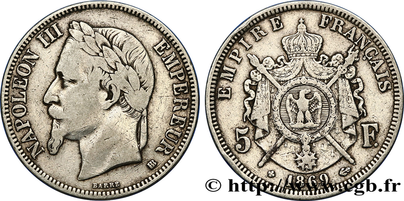 5 francs Napoléon III, tête laurée 1869 Strasbourg F.331/15 MB 