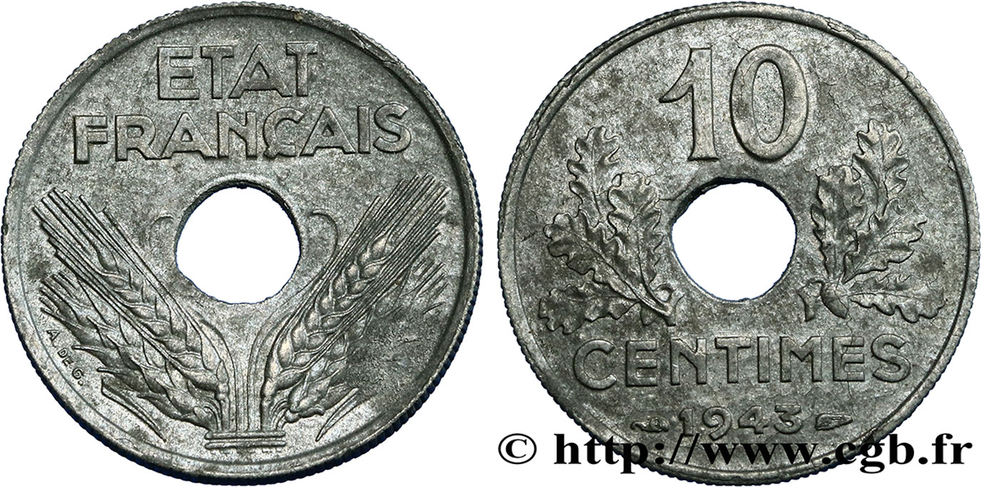 10 centimes État français, grand module 1943  F.141/5 TTB48 
