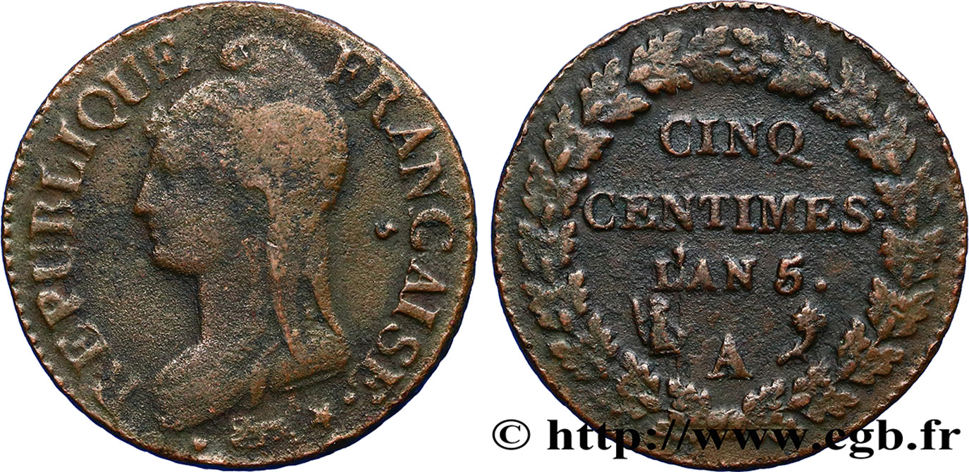 Cinq centimes Dupré, grand module 1797 Paris F.115/1 VF35 