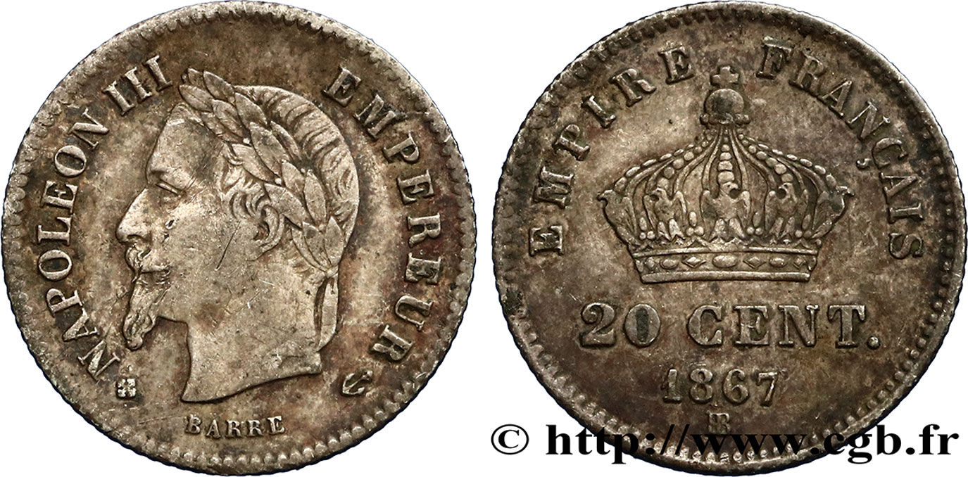 20 centimes Napoléon III, tête laurée, grand module 1867 Strasbourg F.150/2 MBC40 