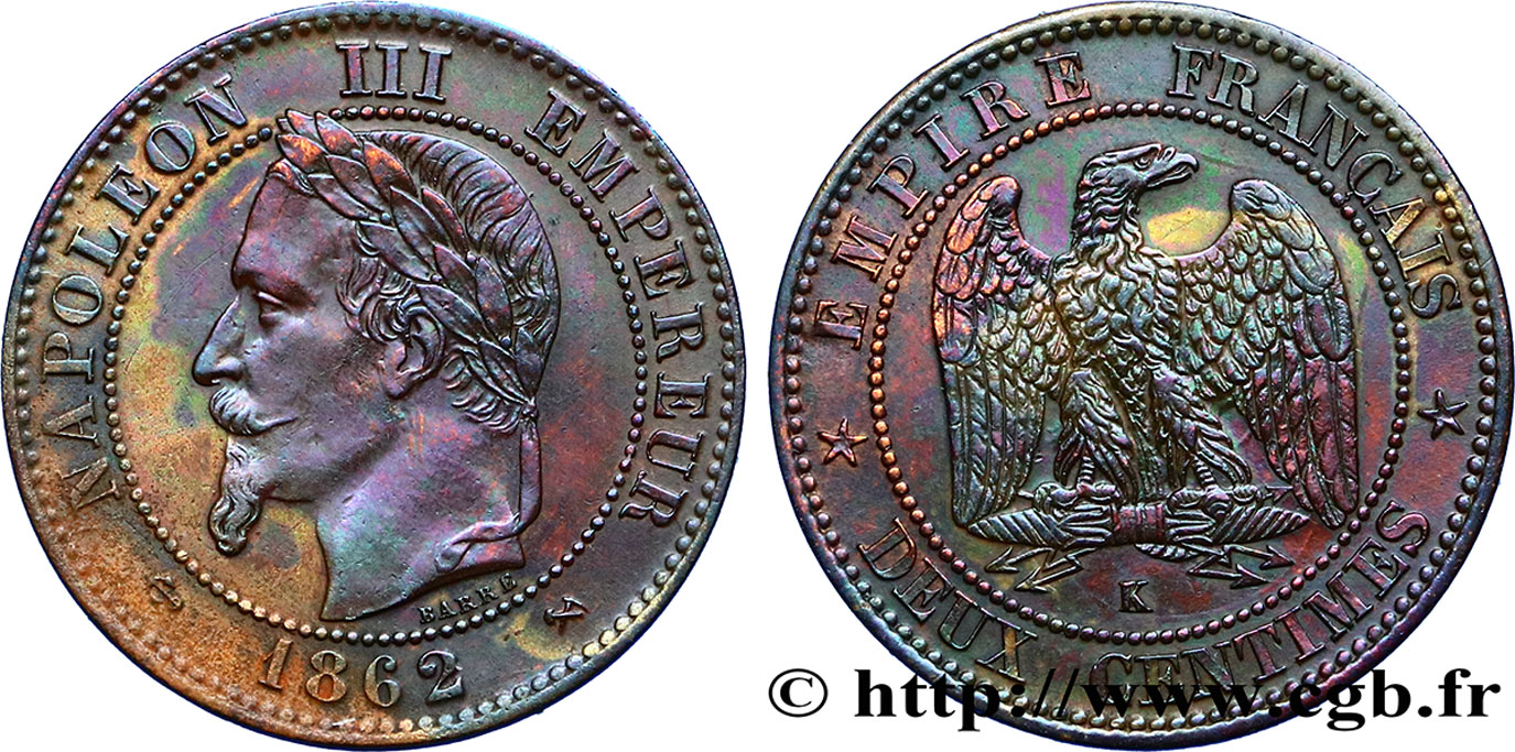 Deux centimes Napoléon III, tête laurée, buste définitif 1862 Bordeaux F.108A/7 AU50 