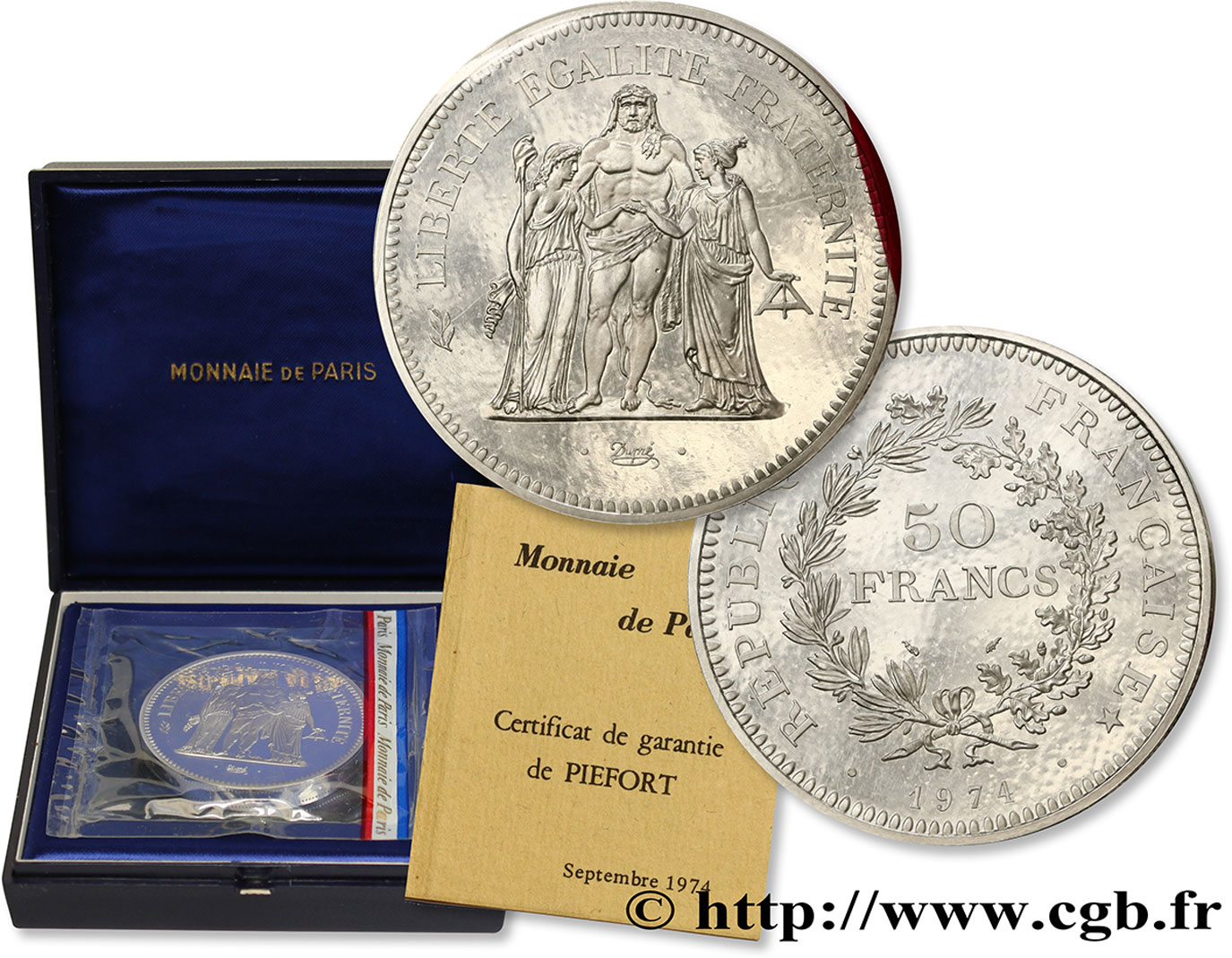 Piéfort argent de 50 francs Hercule  1974 Pessac F.427/2P MS68 