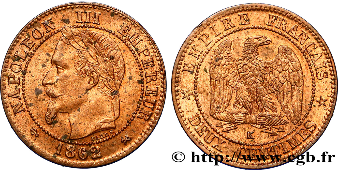Deux centimes Napoléon III, tête laurée 1862 Bordeaux F.108A/7 EBC55 