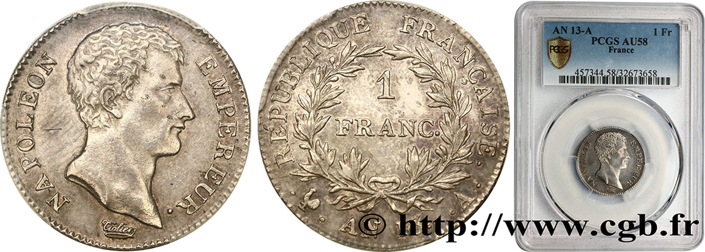 1 franc Napoléon Empereur, Calendrier révolutionnaire 1805 Paris F.201/14 VZ58 PCGS