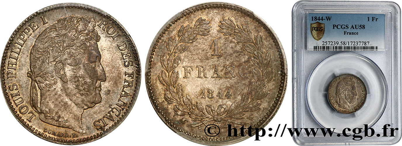1 franc Louis-Philippe, couronne de chêne 1844 Lille F.210/99 AU58 PCGS