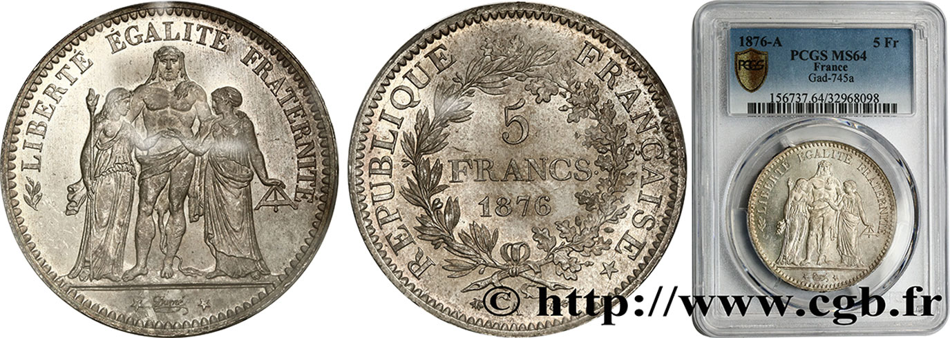 5 francs Hercule 1876 Paris F.334/17 SC64 PCGS
