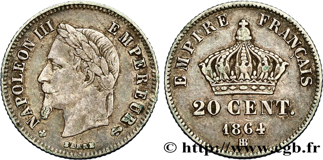 20 centimes Napoléon III, tête laurée, petit module 1864 Strasbourg F.149/2 XF40 