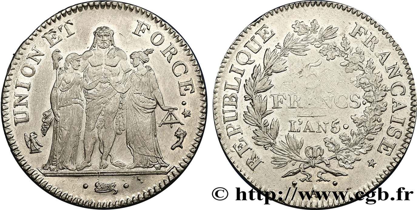 5 francs Union et Force, Union desserré, avec glands intérieurs et gland extérieur 1797 Paris F.291/3 q.SPL 