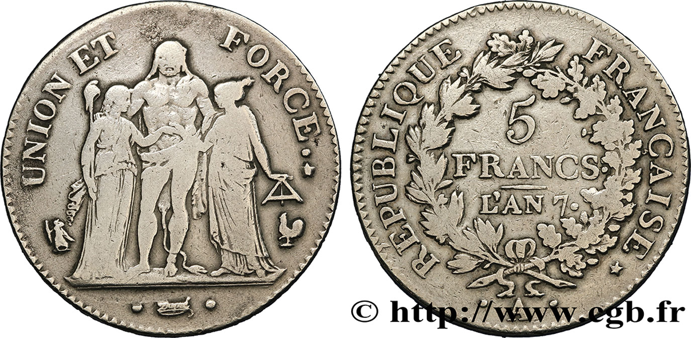5 francs Union et Force, Union serré, avec glands intérieurs et gland extérieur 1799 Paris F.288/95 TB20 